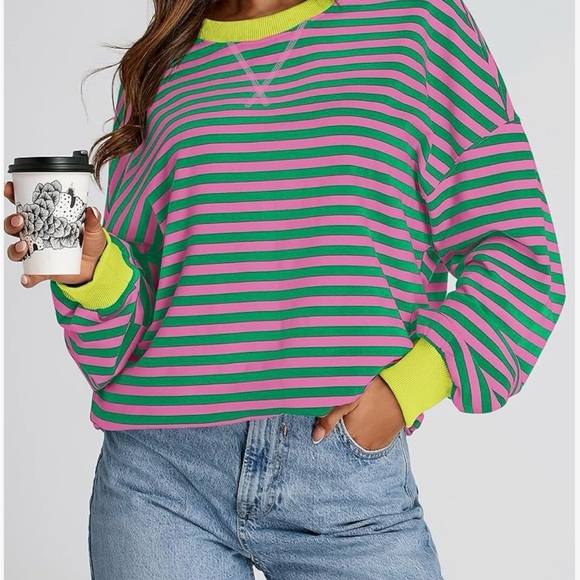 Women’s oversized striped sweatshirt crewneck long sleeve pullover- medium - Picture 3 of 7